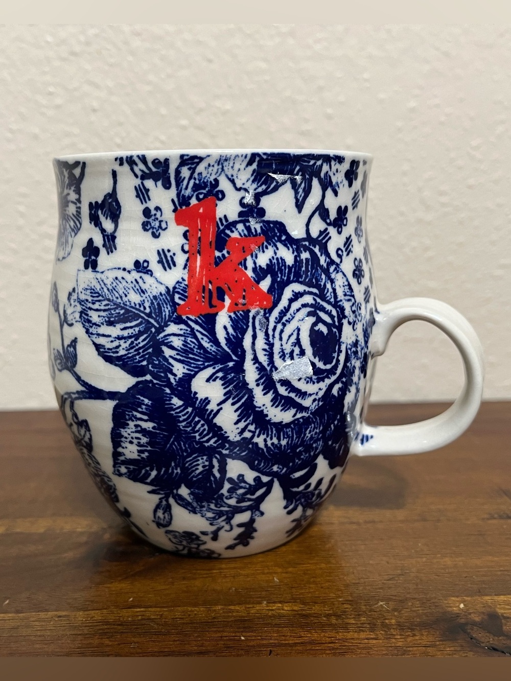 Anthropologie Homegrown Blue Floral Mug with Red Letter K